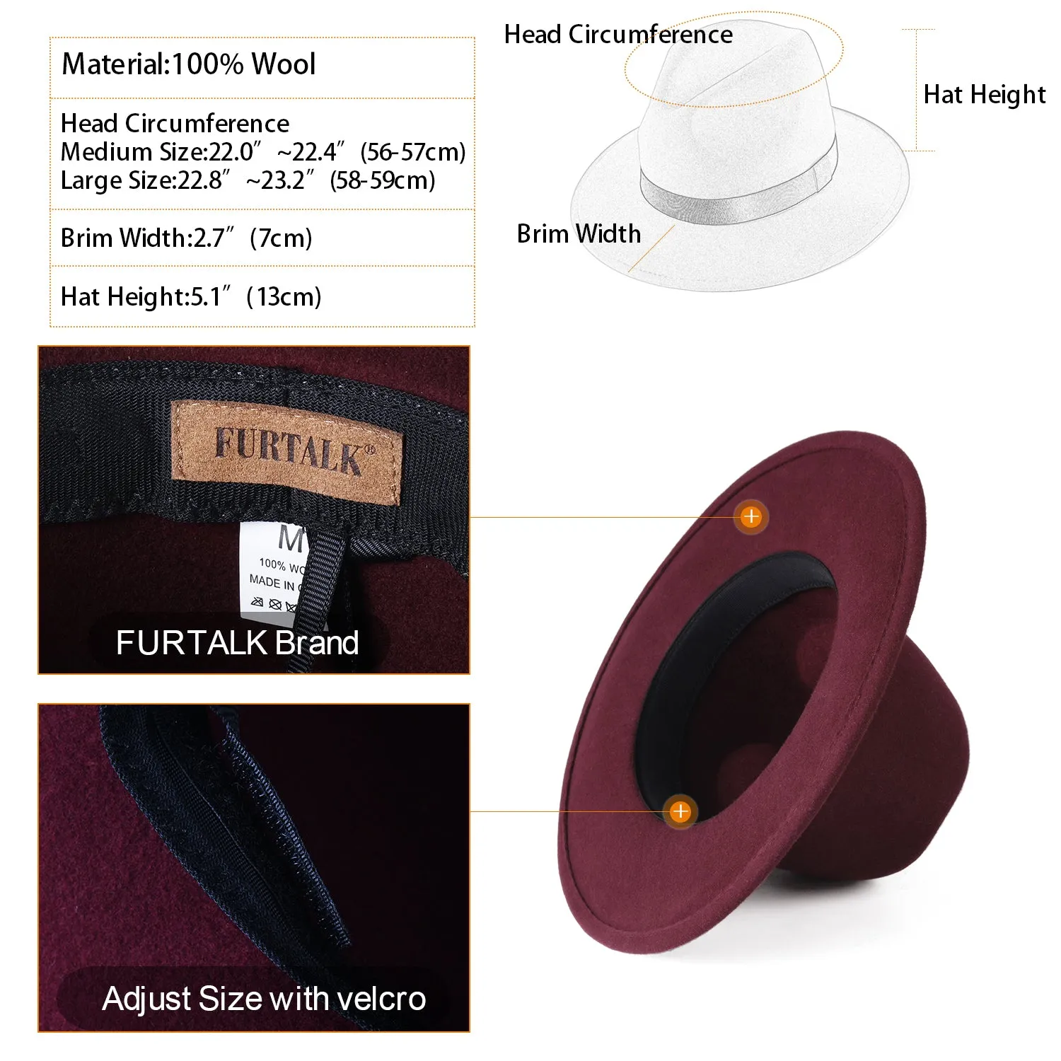 FURTALK Fedora Hats for Men Women 100% Australian Wool Felt Wide Brim Hat Ribbon Crushable Packable