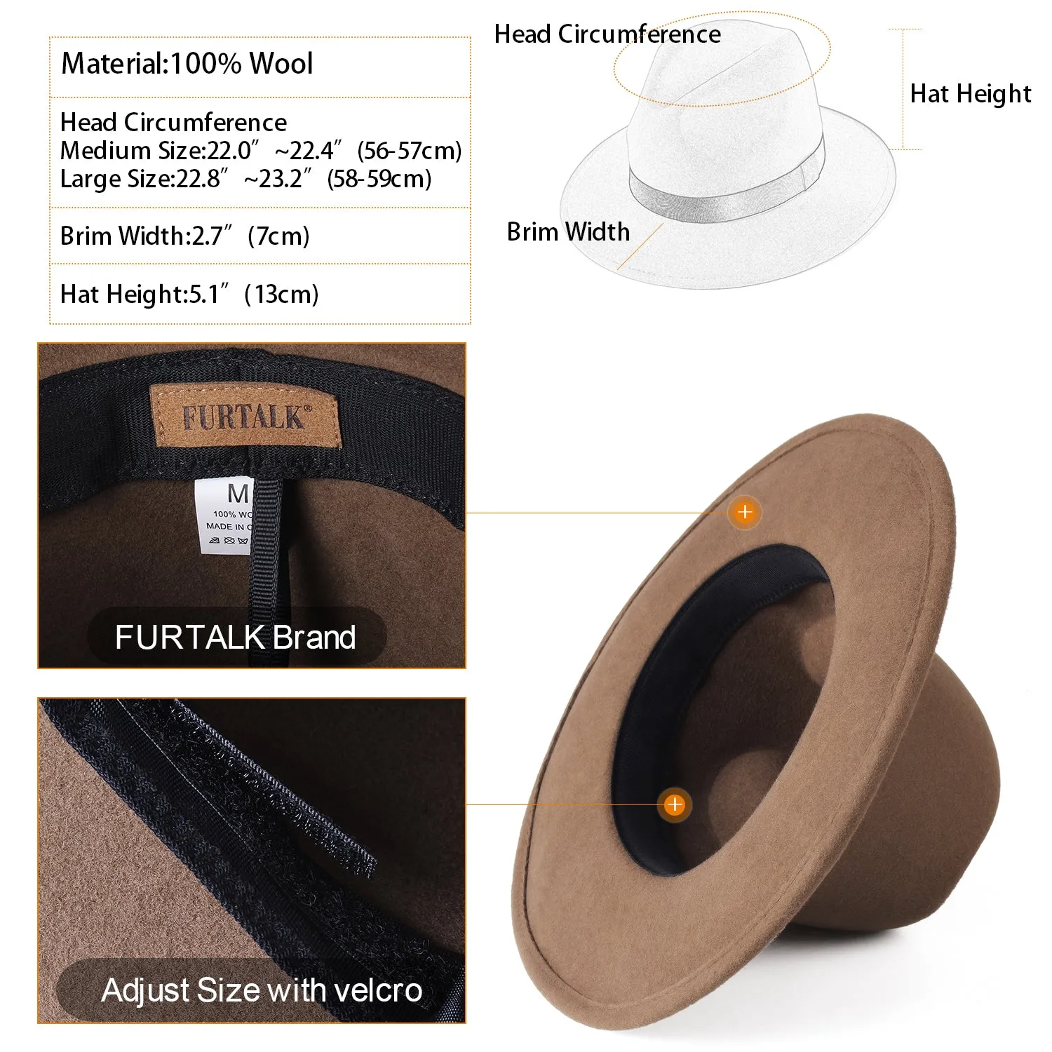 FURTALK Fedora Hats for Men Women 100% Australian Wool Felt Wide Brim Hat Ribbon Crushable Packable