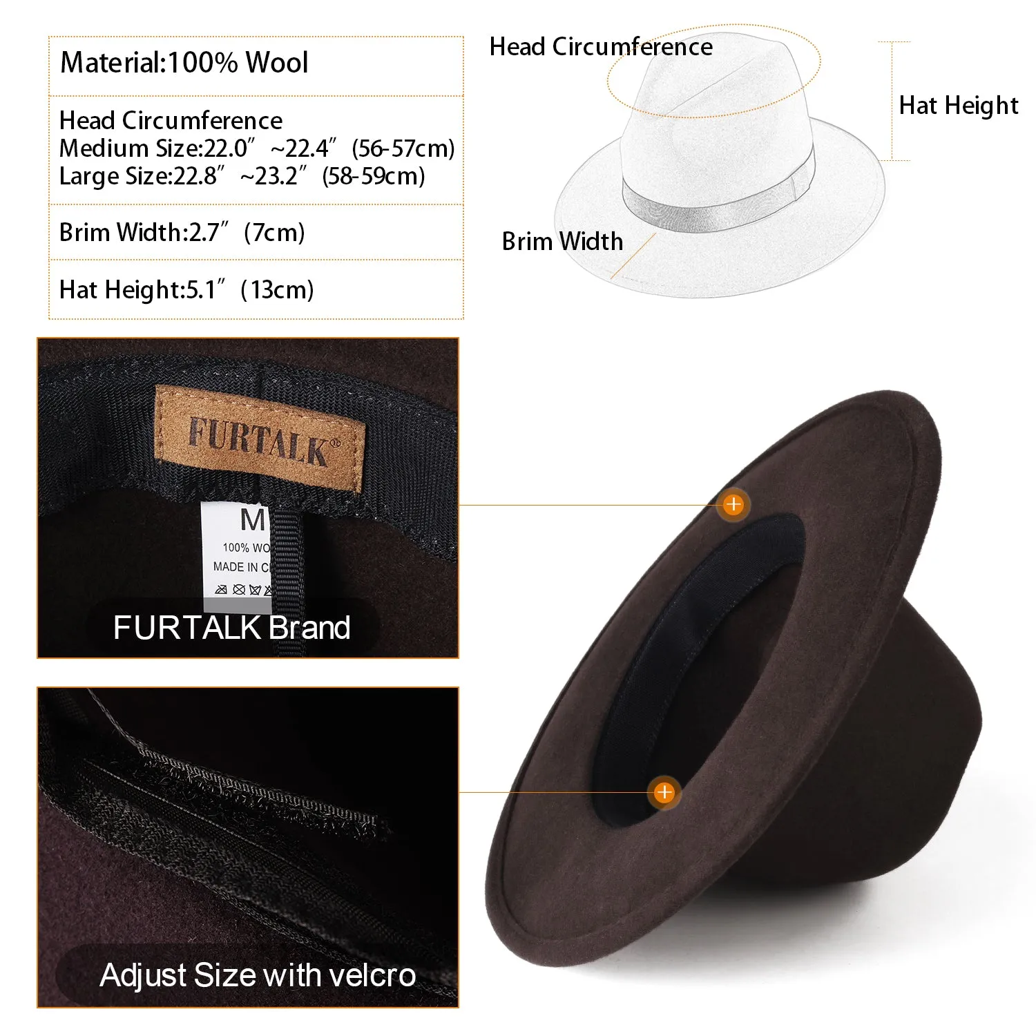 FURTALK Fedora Hats for Men Women 100% Australian Wool Felt Wide Brim Hat Ribbon Crushable Packable