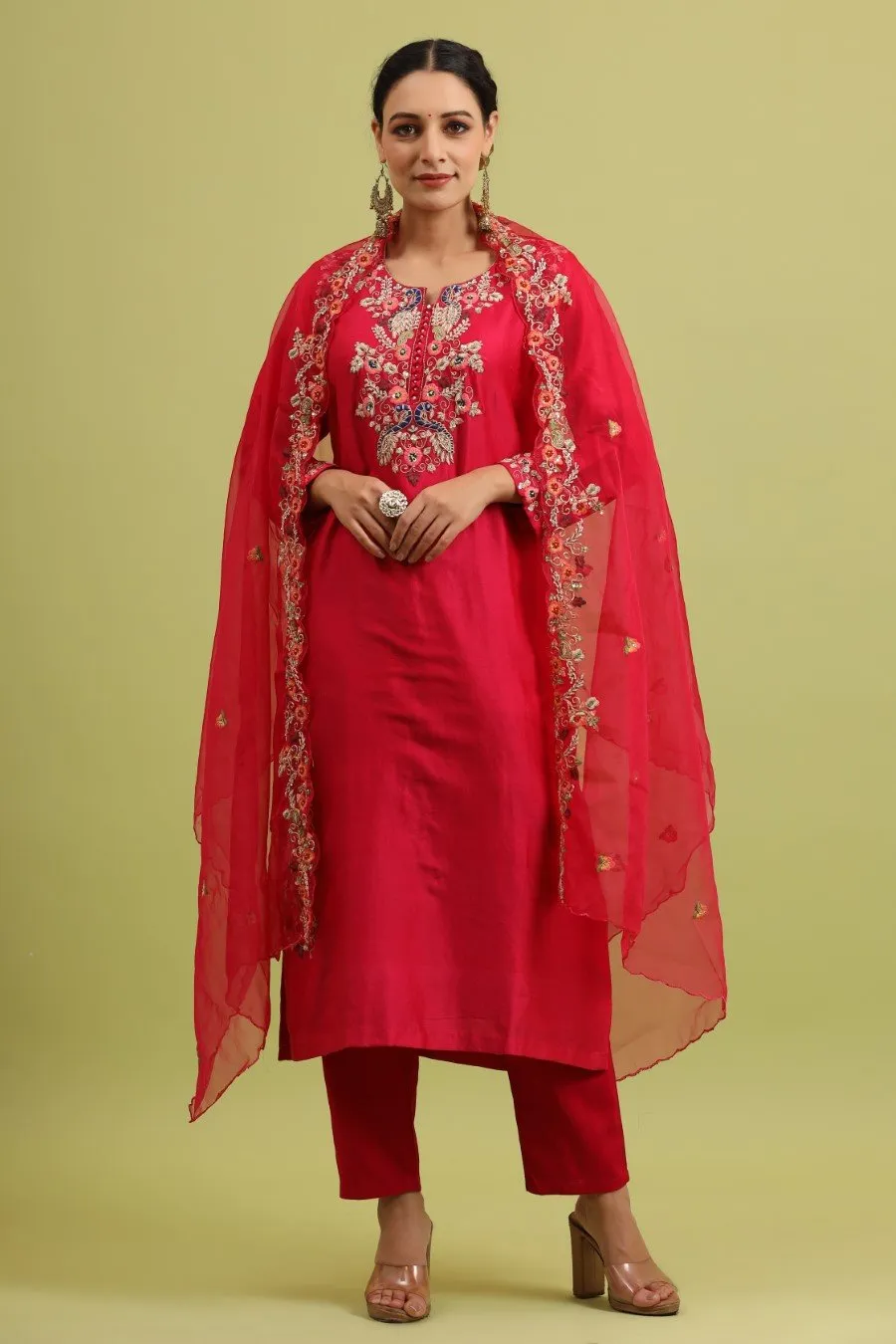 Fuschia Pink Modal Chanderi Embroidered Kurta Set