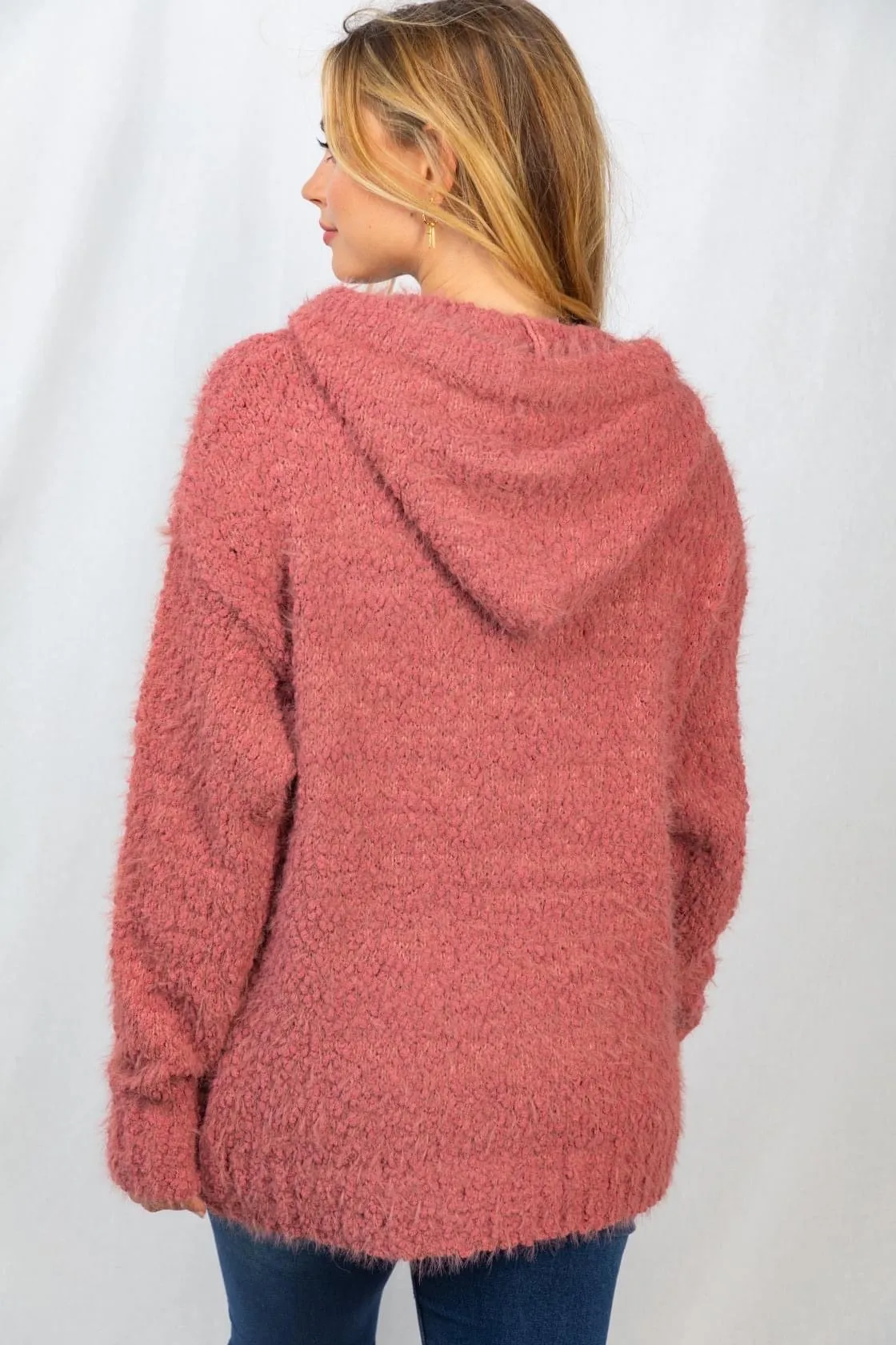 Fuzzy Knit Hoodie, Rose