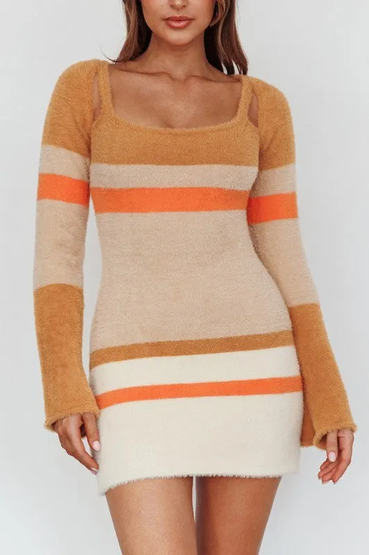 FUZZY KNIT LONG SLEEVE MINI DRESS