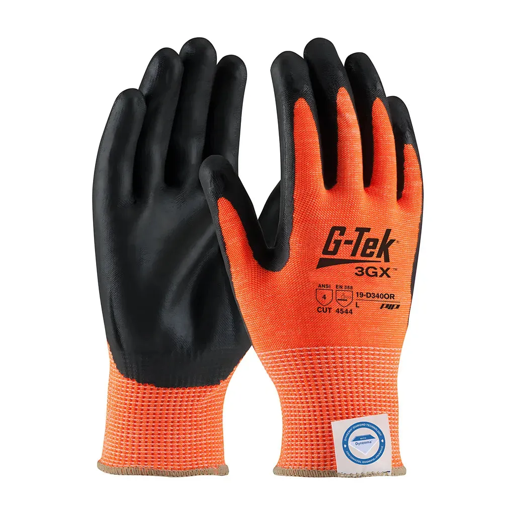 G-Tek 19-D340OR/L Hi-Vis Seamless Knit Dyneema Diamond Blended Glove with Nitrile Coated Foam Grip on Palm & Fingers