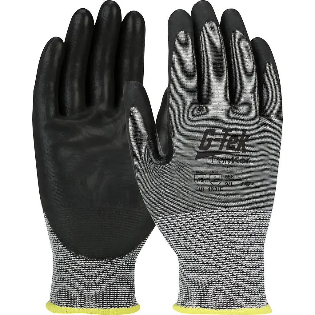 G-Tek 556-L Seamless Knit PolyKor Blended Glove with Polyurethane Coated Smooth Grip on Palm & Fingers - Touchscreen Compatible