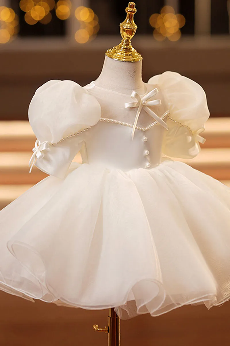 G3035 - Scoop Puff Sleeves Beaded Satin A-Line Flower Girl Dress With Bows