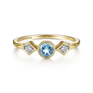 Gabriel & Co 14K Yellow Gold Round Blue Topaz and Diamond Three Stone Ring