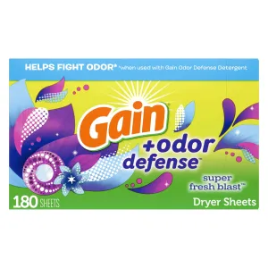 Gain   Odor Defense Dryer Sheets, Super Fresh Blast Scent, 180 Ct