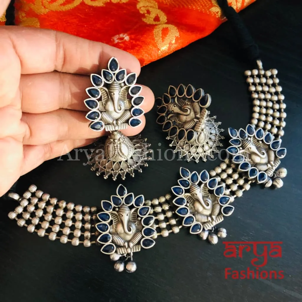 Ganpati Silver Oxidized Tribal Choker Necklace with Jhumka earrings