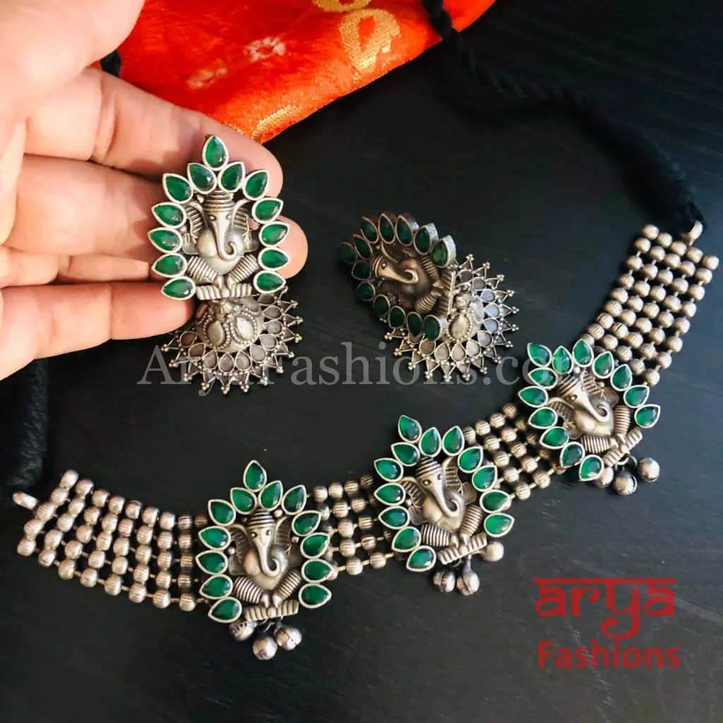 Ganpati Silver Oxidized Tribal Choker Necklace with Jhumka earrings