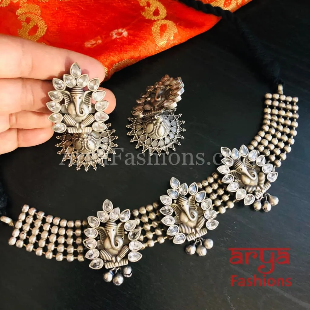 Ganpati Silver Oxidized Tribal Choker Necklace with Jhumka earrings