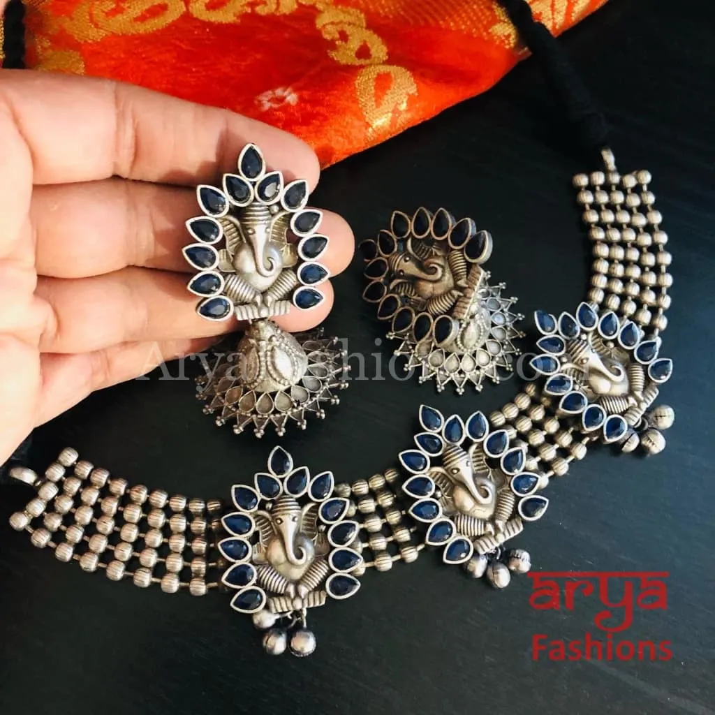 Ganpati Silver Oxidized Tribal Choker Necklace with Jhumka earrings