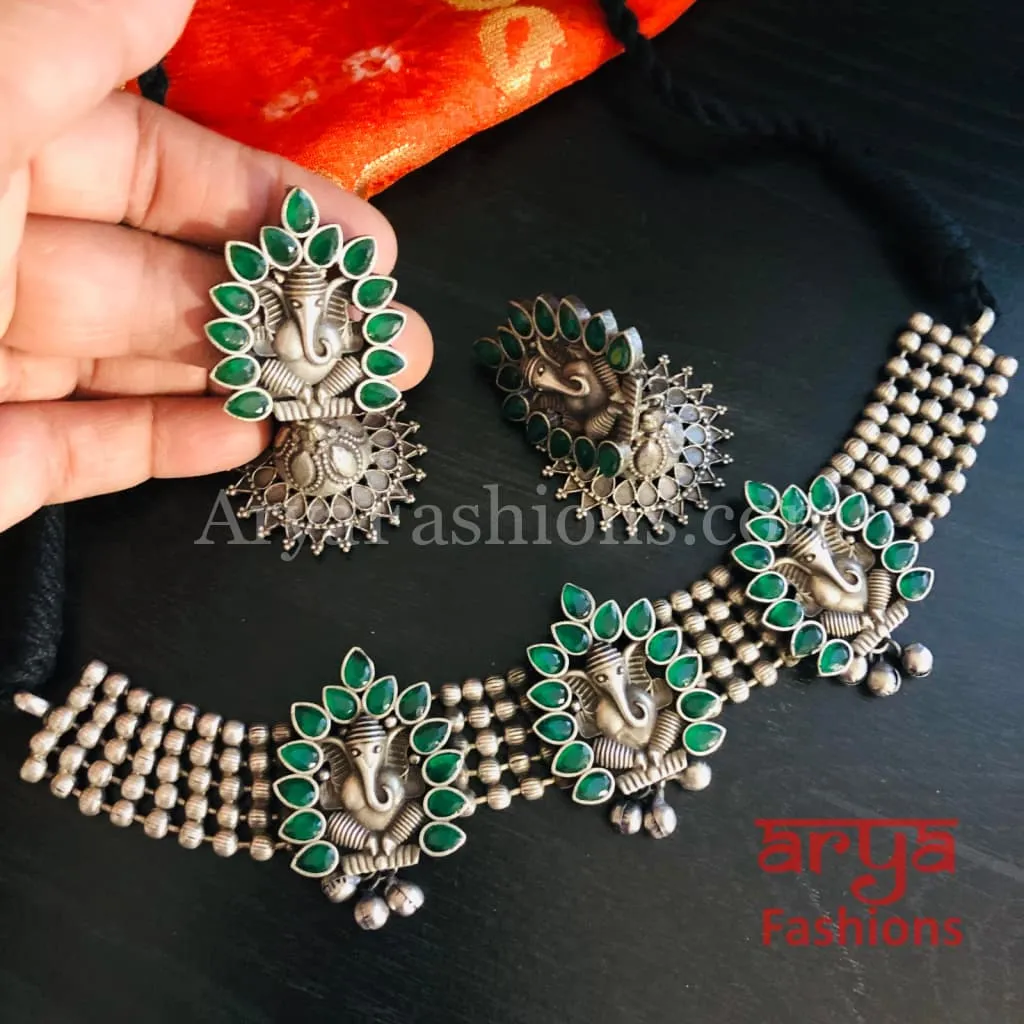 Ganpati Silver Oxidized Tribal Choker Necklace with Jhumka earrings