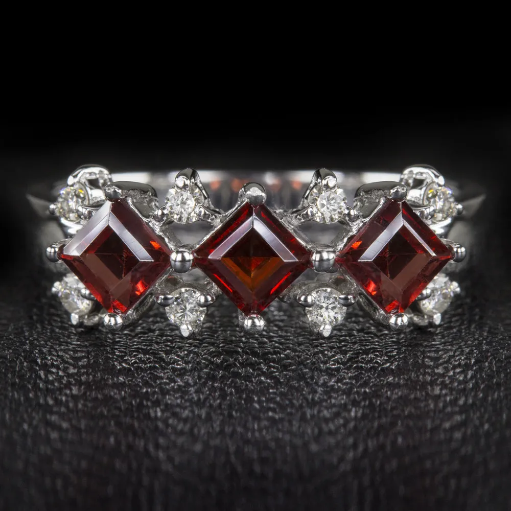 GARNET DIAMOND COCKTAIL BAND SQUARE CUT GEMSTONE RING NATURAL 14k WHITE GOLD