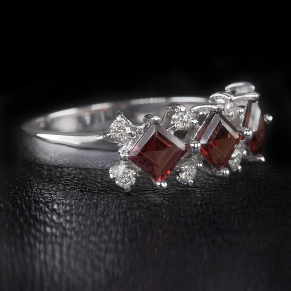 GARNET DIAMOND COCKTAIL BAND SQUARE CUT GEMSTONE RING NATURAL 14k WHITE GOLD