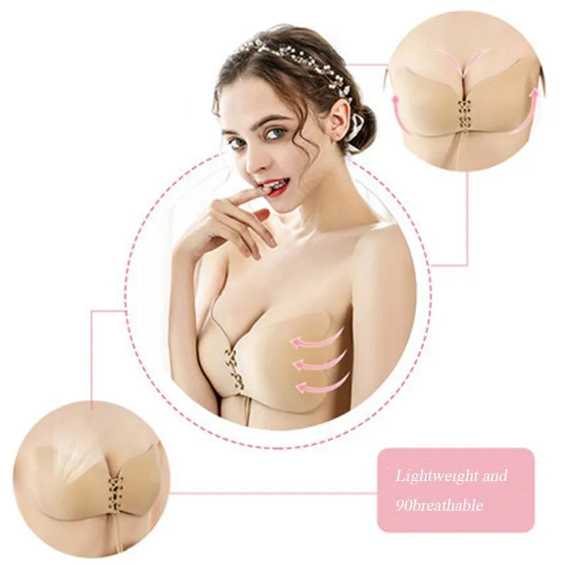 Gathered non-slip drawstring thick breathable strapless invisible bra