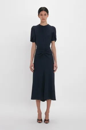 Gathered Waist Midi Dress In Midnight