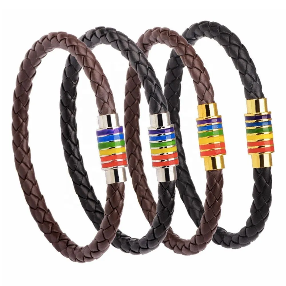 Gay Pride Rainbow Magnetic Bracelet (Brown Leather/Gold Fastener)