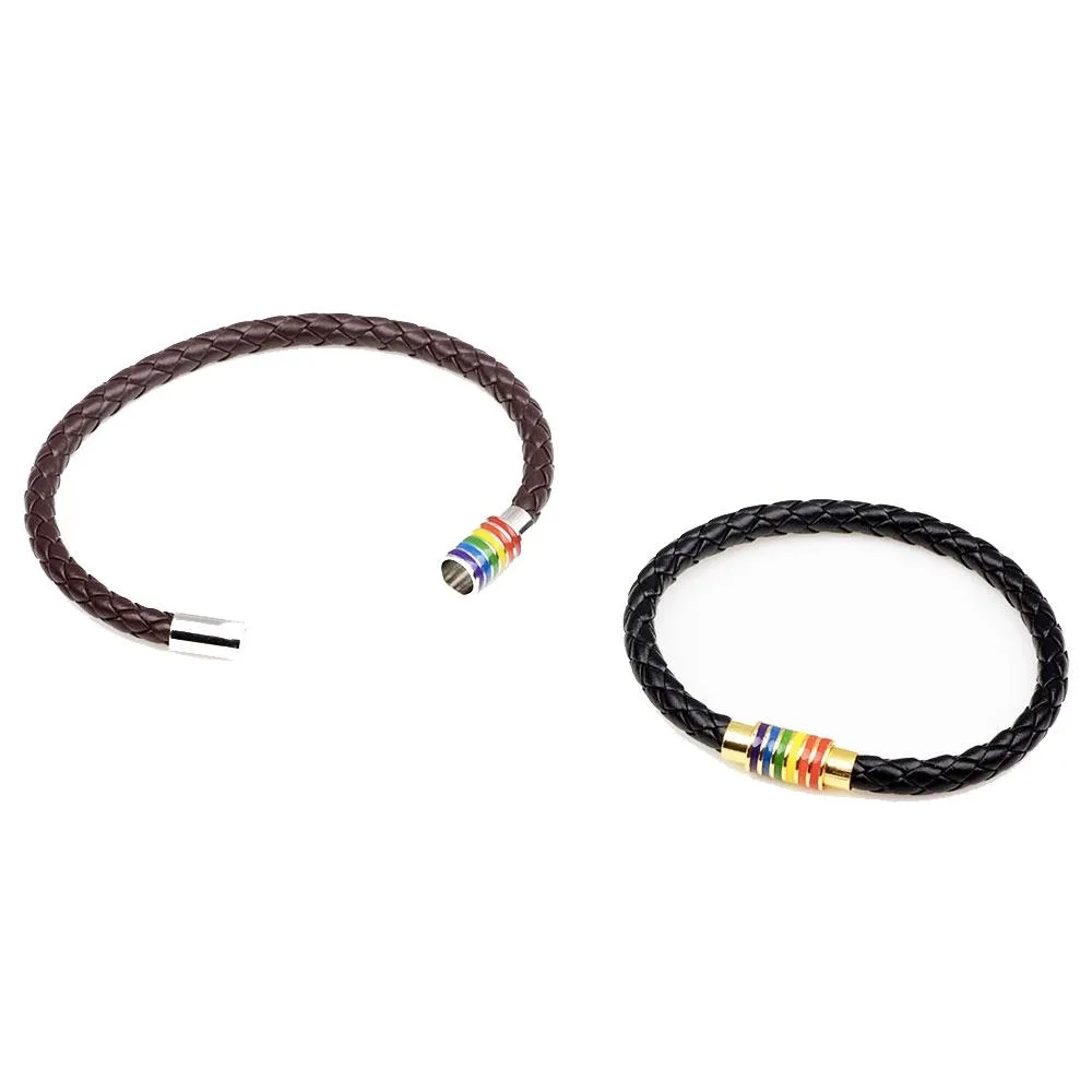 Gay Pride Rainbow Magnetic Bracelet (Brown Leather/Gold Fastener)