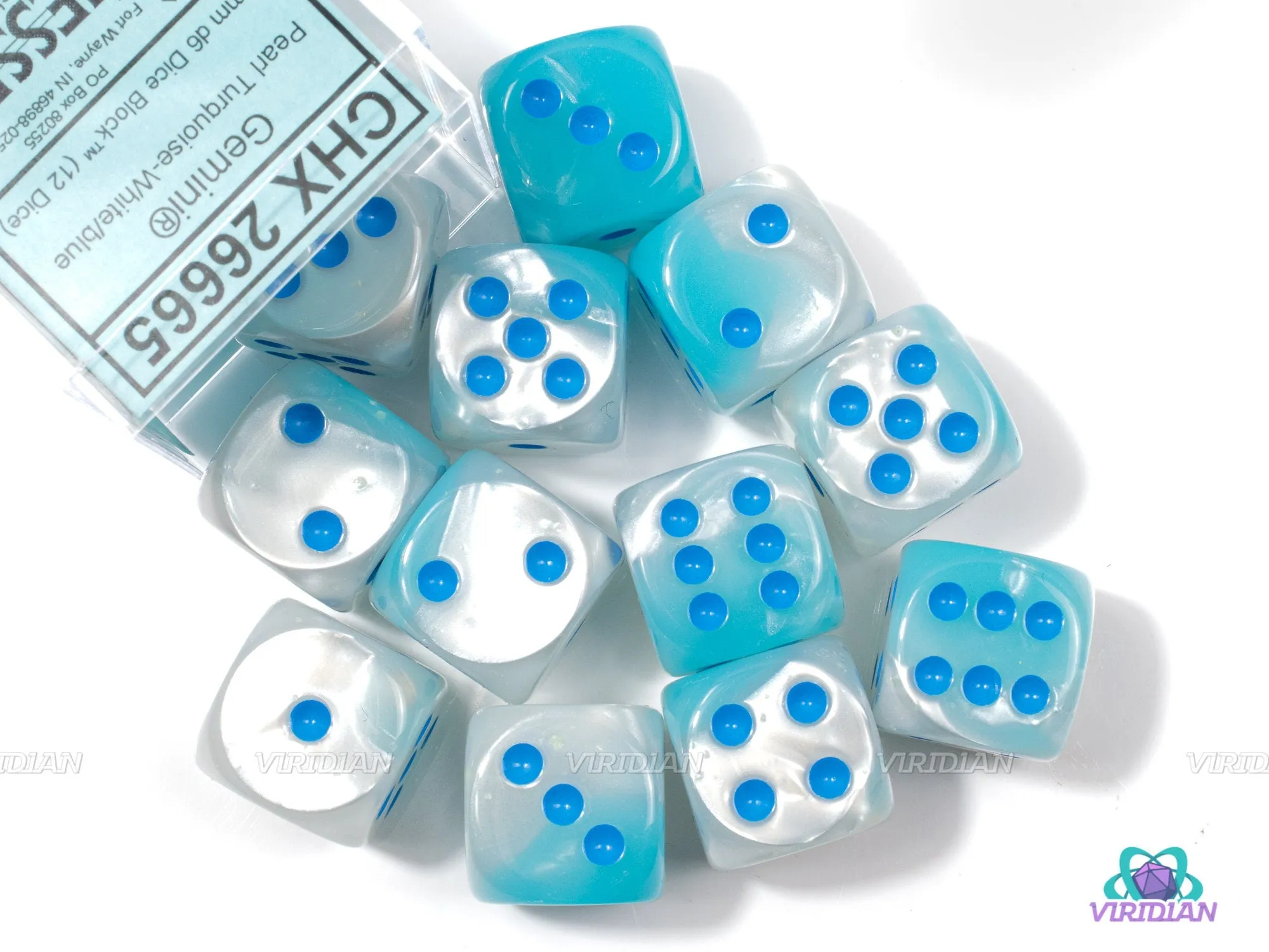 Gemini Pearl Turquoise & White Luminary | D6 Block | Chessex Dice (12)