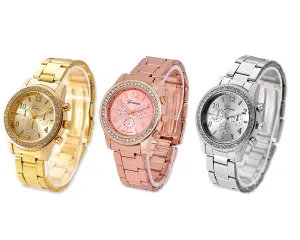 Geneva Women Classic Round CZ Quartz Alloy Band Watch