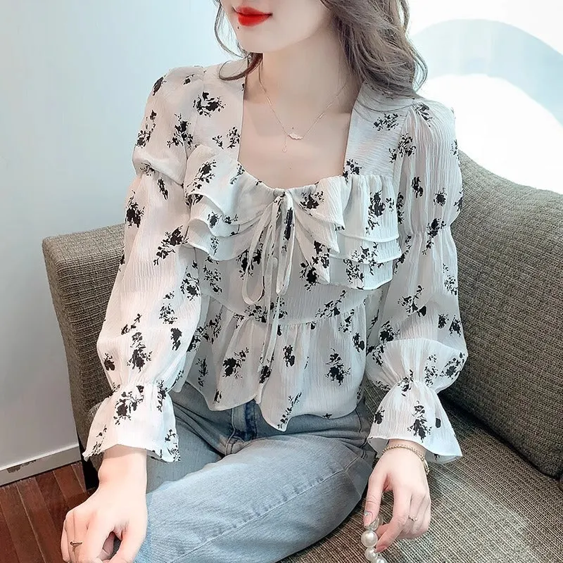 Gentle Plus Size Square Collar Floral Print Long Sleeve Shirt