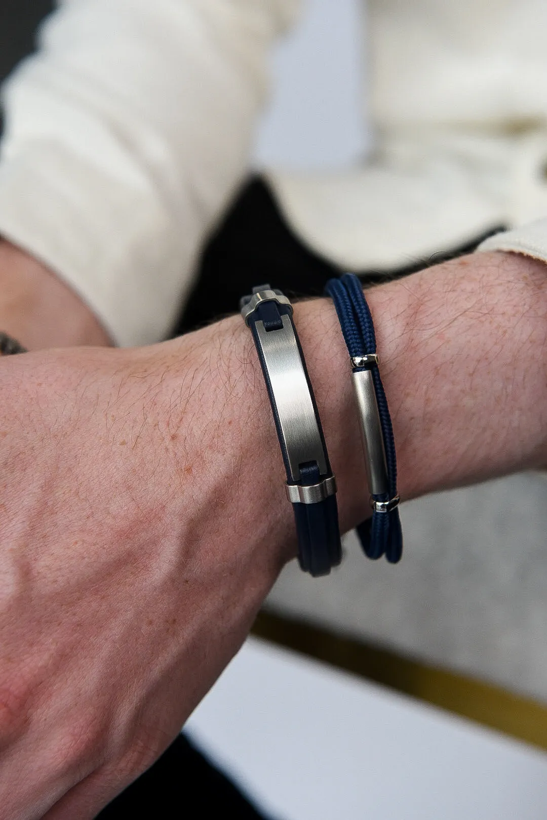 Gents Navy Cotton And Stainless Steel Bracelet