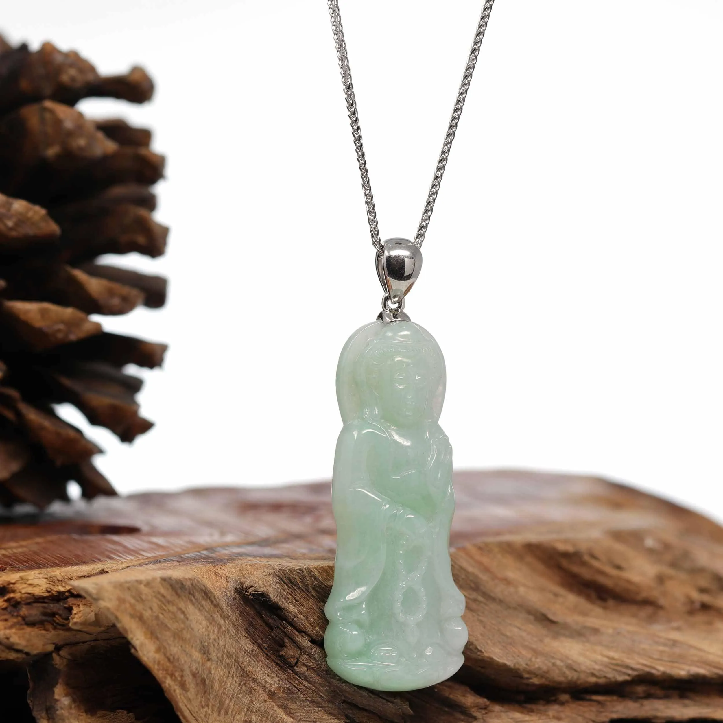 Genuine Burmese Jadeite Jade Green Guanyin Pendant Necklace With Silver Bail