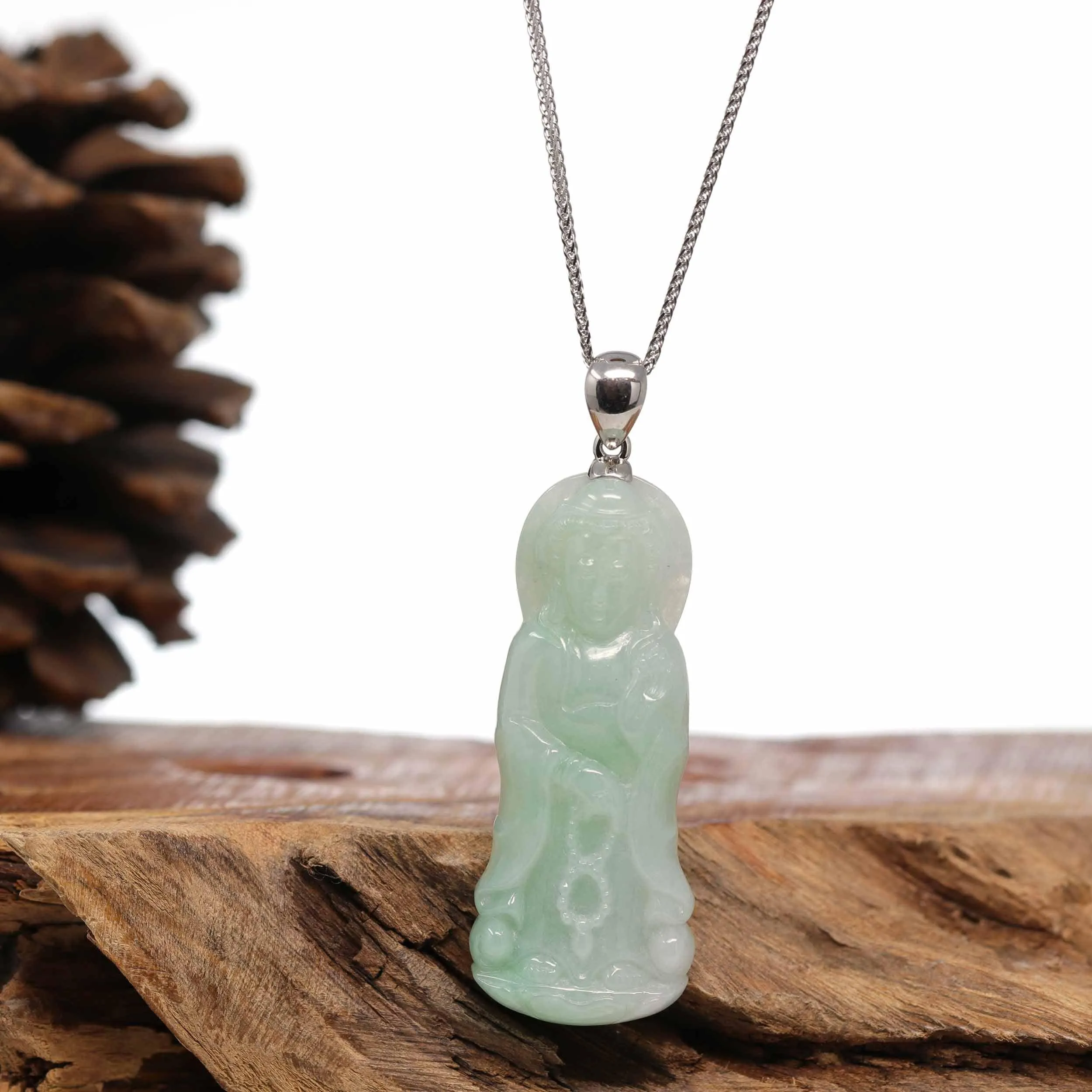 Genuine Burmese Jadeite Jade Green Guanyin Pendant Necklace With Silver Bail