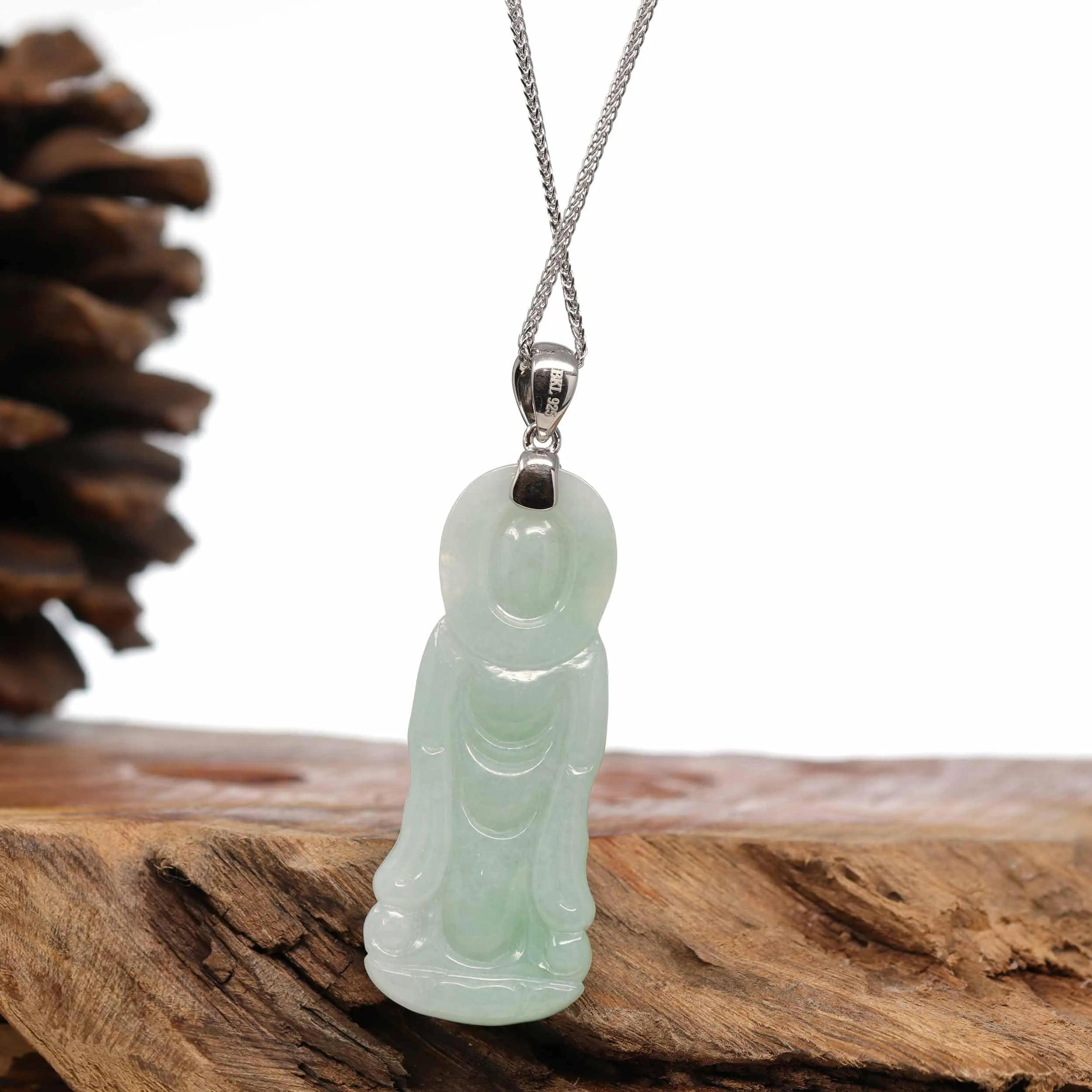 Genuine Burmese Jadeite Jade Green Guanyin Pendant Necklace With Silver Bail