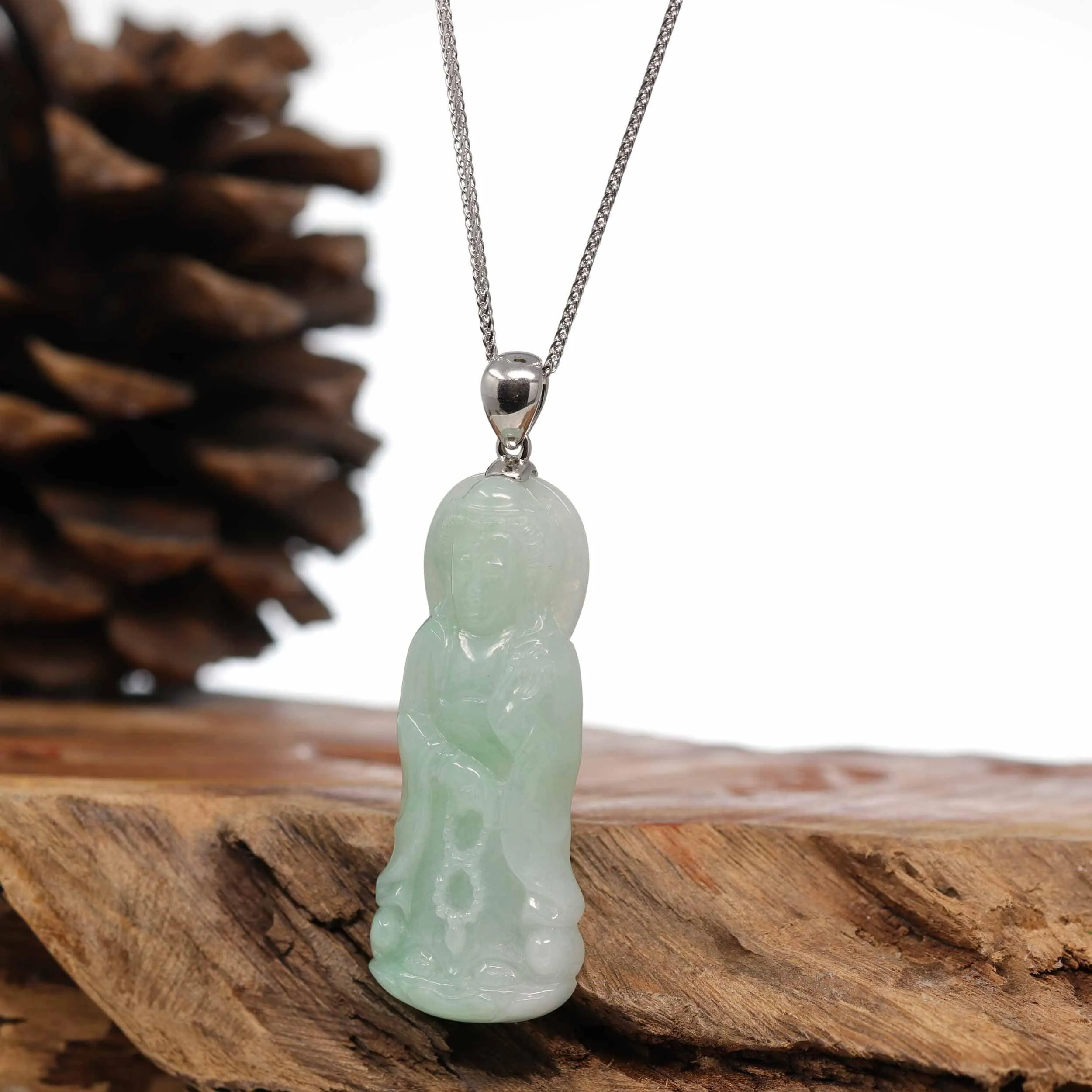 Genuine Burmese Jadeite Jade Green Guanyin Pendant Necklace With Silver Bail