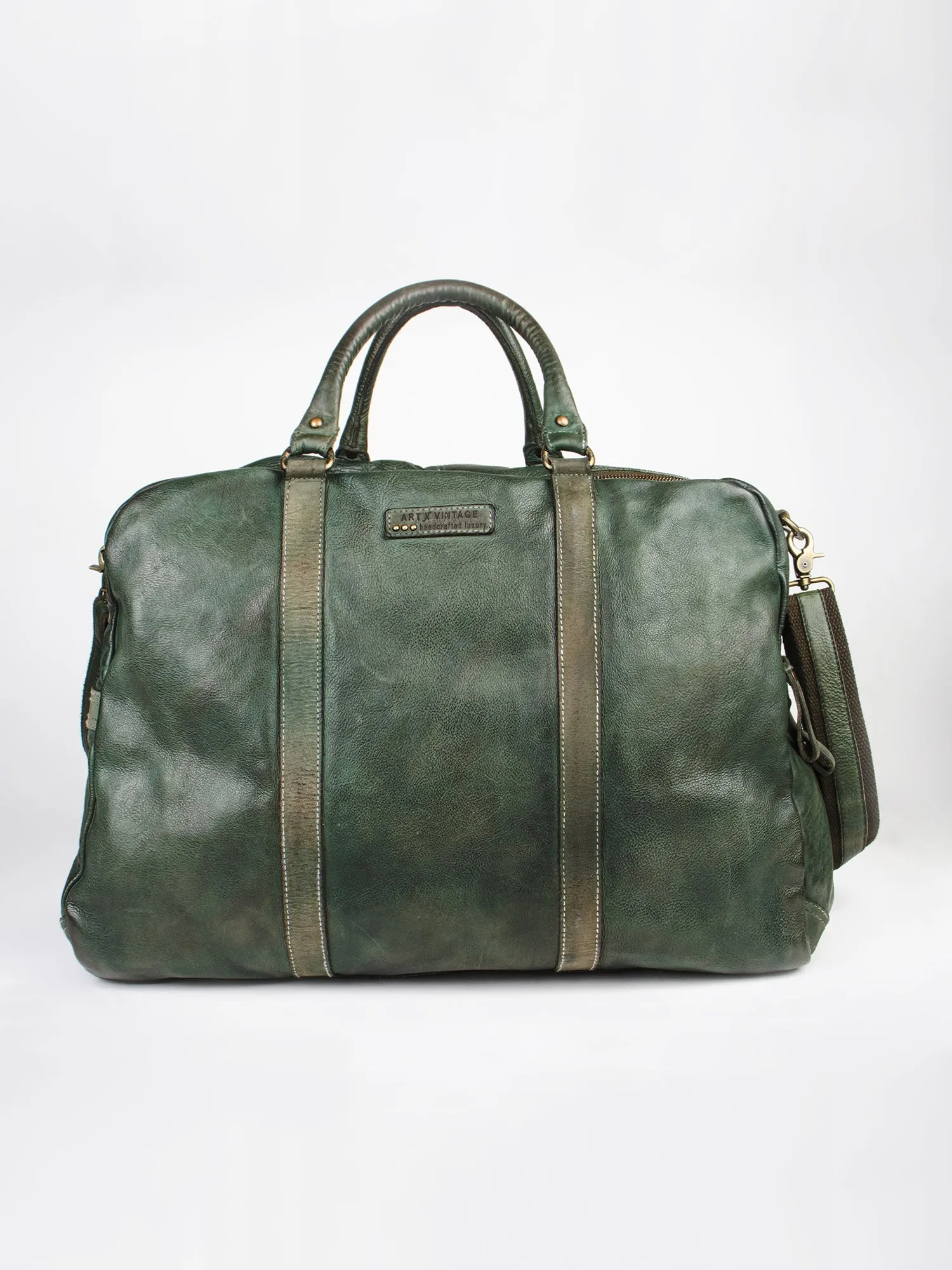 Genuine Dark Olive Leather Weekender Bag By Art N Vintage