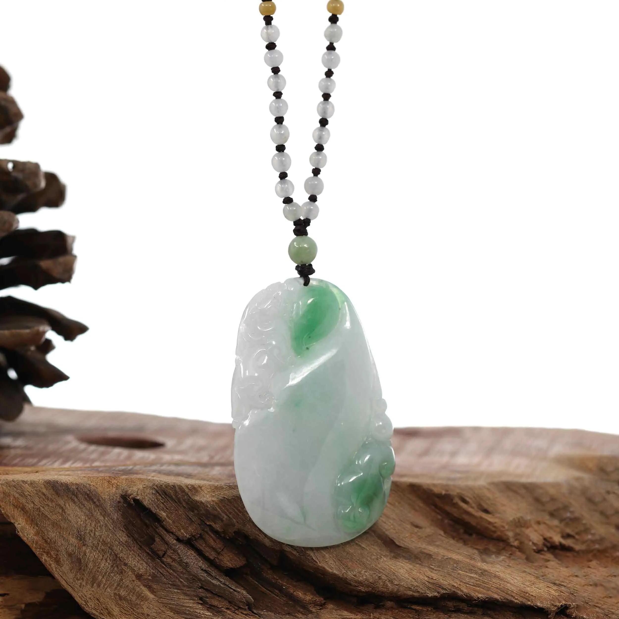 Genuine Green Jadeite Jade "Longevity peach with lucky Pixiu Accent" Pendant Necklace With Real Jadeite Bead Necklace