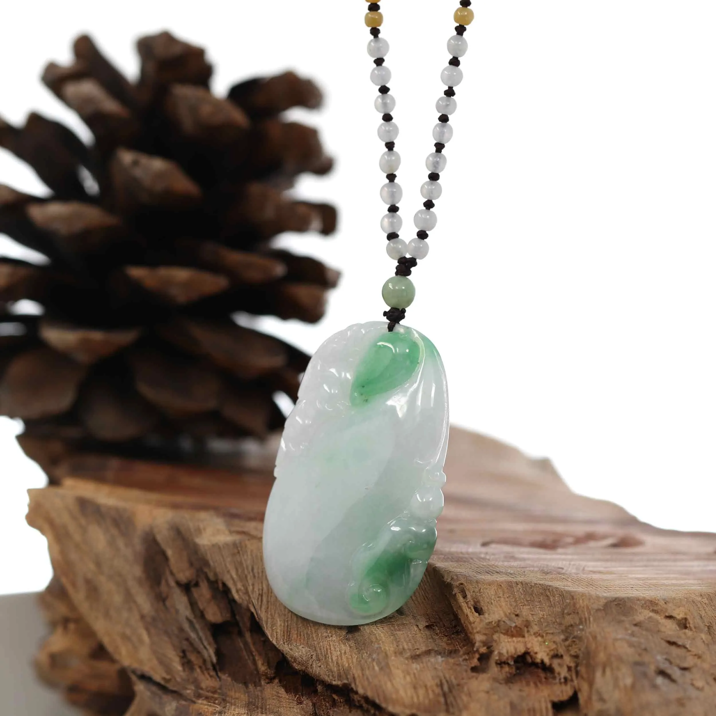 Genuine Green Jadeite Jade "Longevity peach with lucky Pixiu Accent" Pendant Necklace With Real Jadeite Bead Necklace