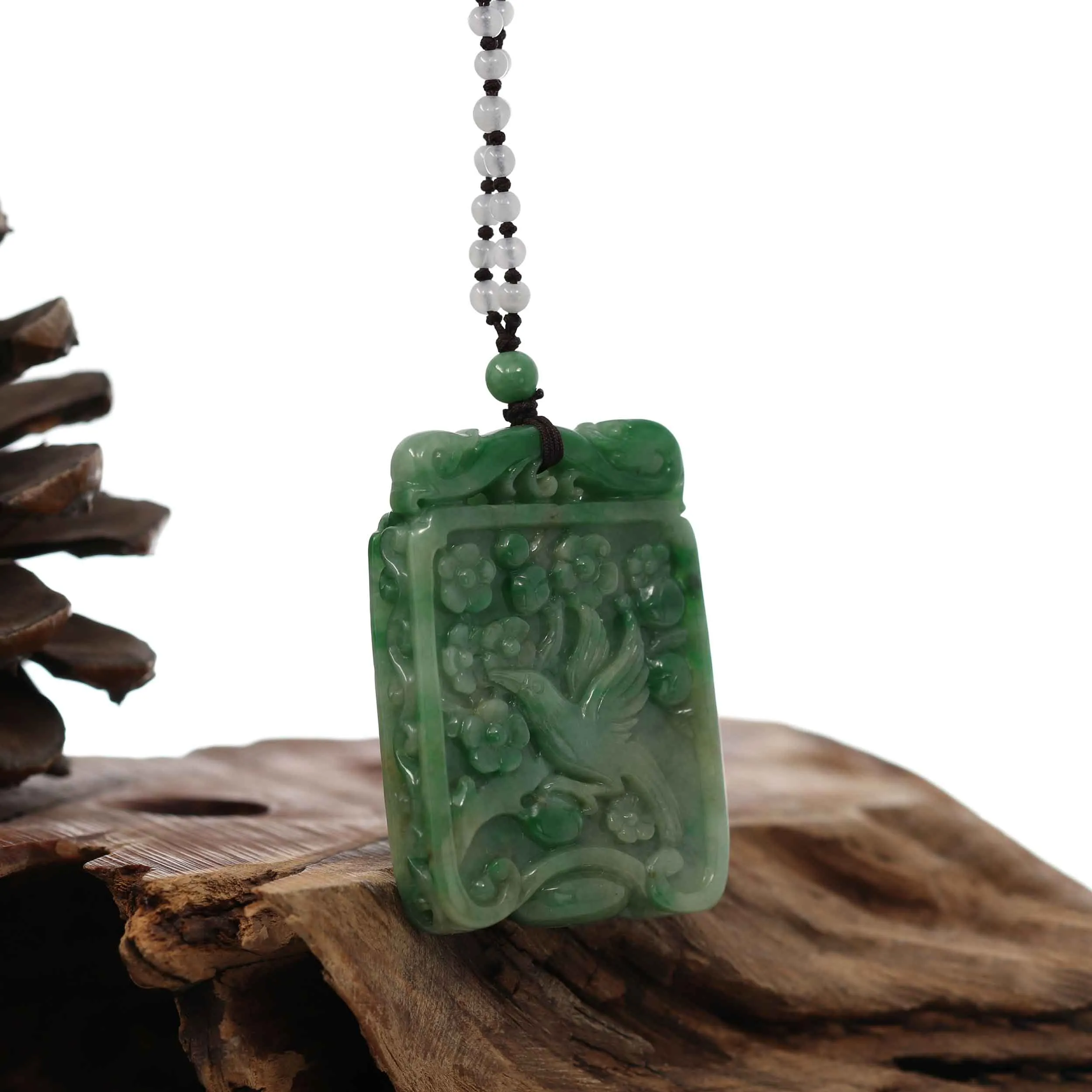 Genuine Green Jadeite Jade "Lucky Bird on Branch" Pendant Necklace With Real Jadeite jade Beads Necklace