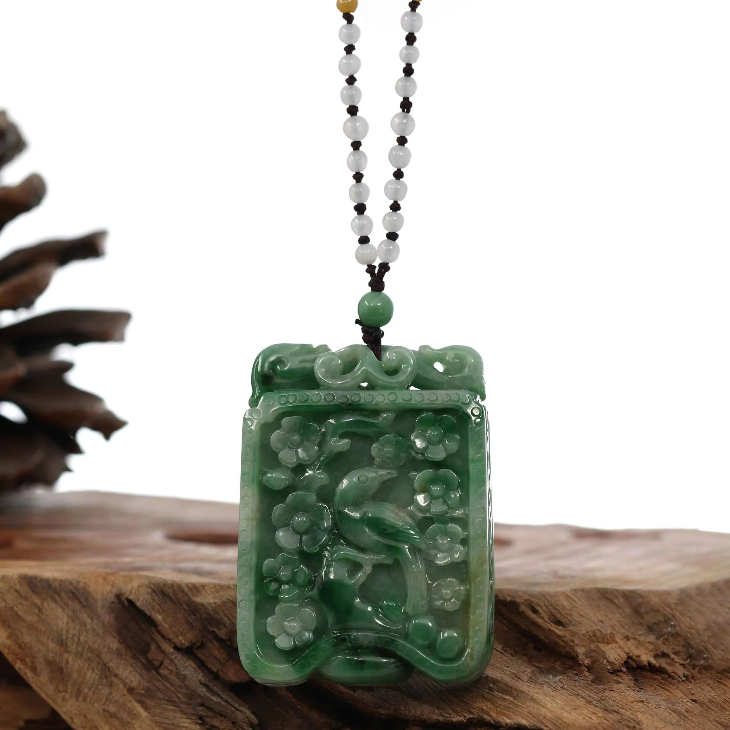 Genuine Green Jadeite Jade "Lucky Bird on Branch" Pendant Necklace With Real Jadeite jade Beads Necklace