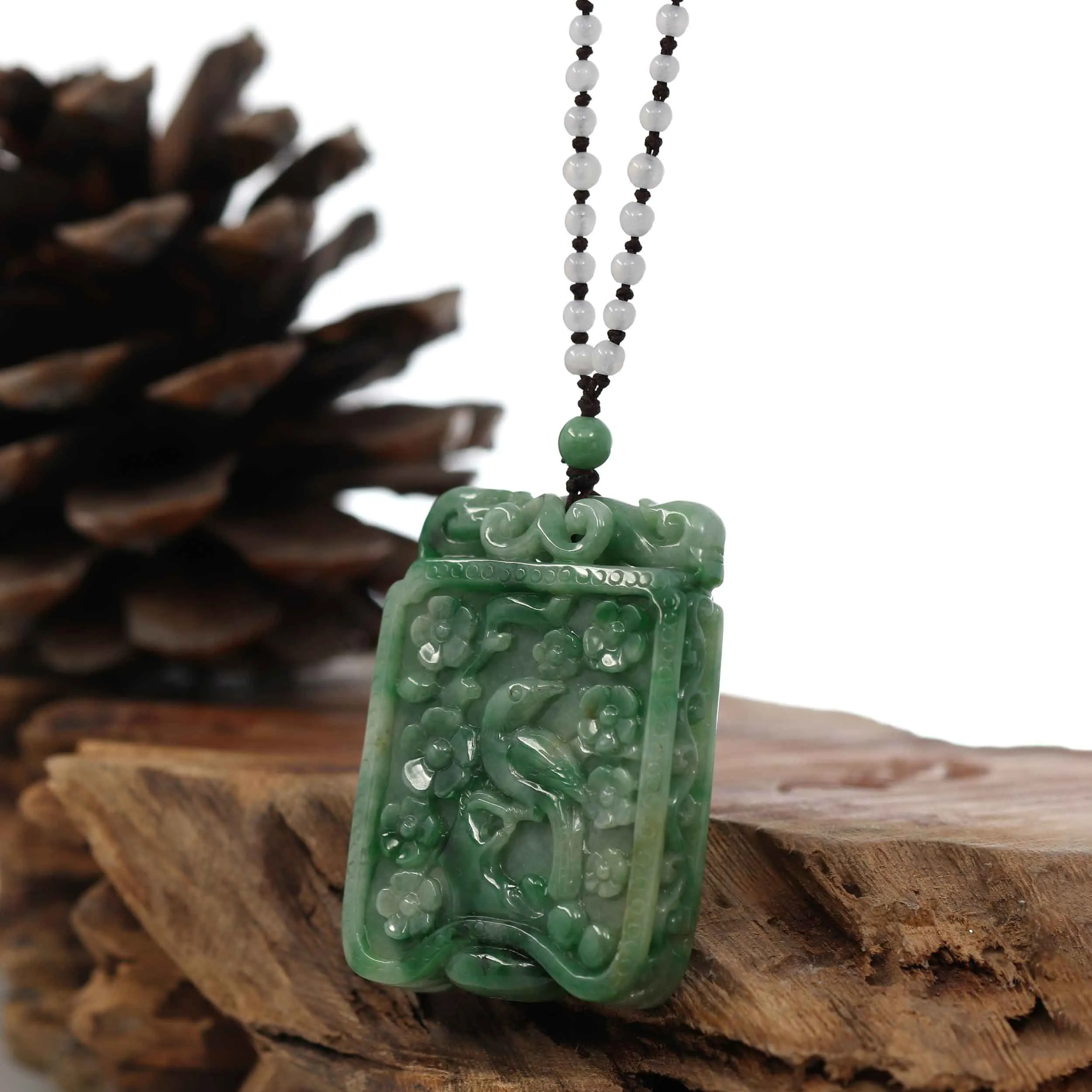 Genuine Green Jadeite Jade "Lucky Bird on Branch" Pendant Necklace With Real Jadeite jade Beads Necklace