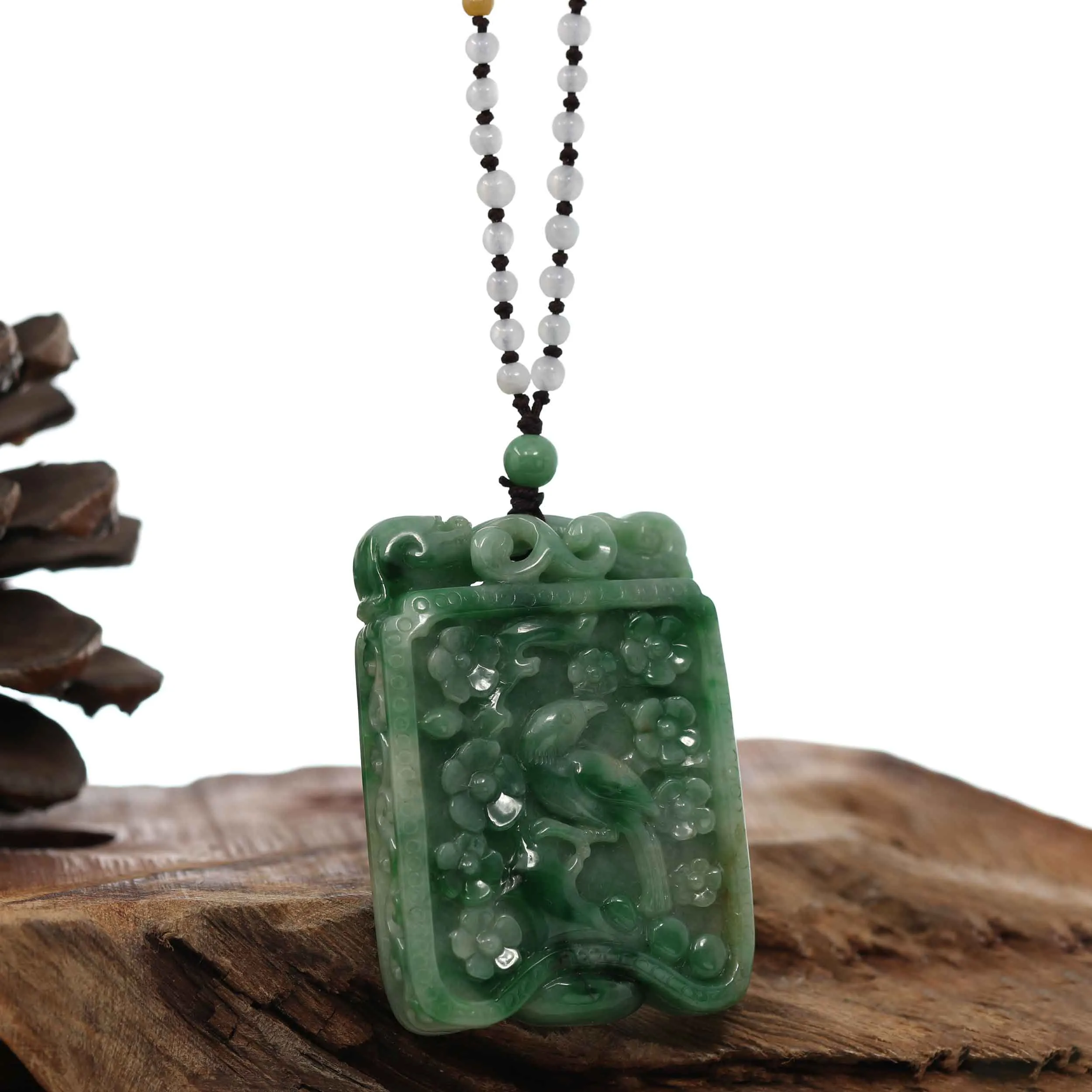 Genuine Green Jadeite Jade "Lucky Bird on Branch" Pendant Necklace With Real Jadeite jade Beads Necklace