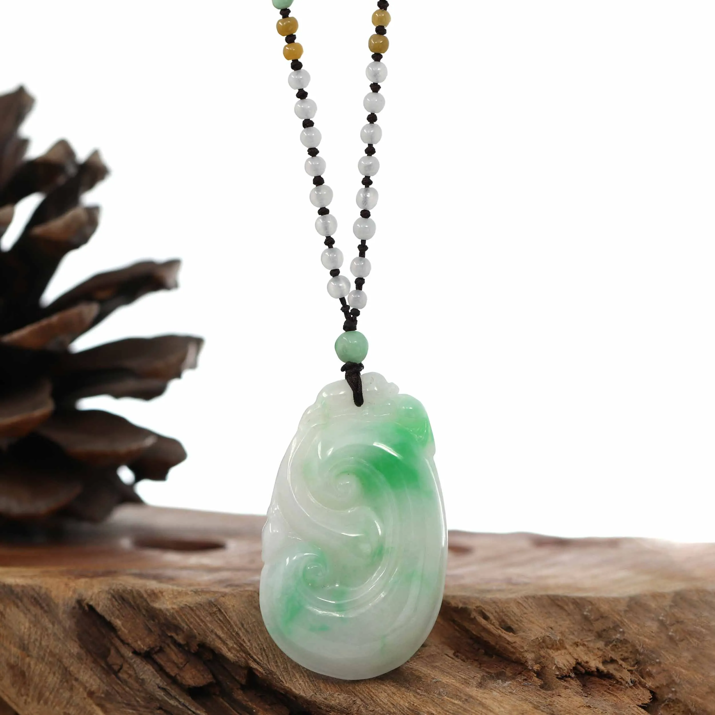 Genuine Green Jadeite Jade RuYi Pendant Necklace With Real Ice Jadeite jade Beads Necklace