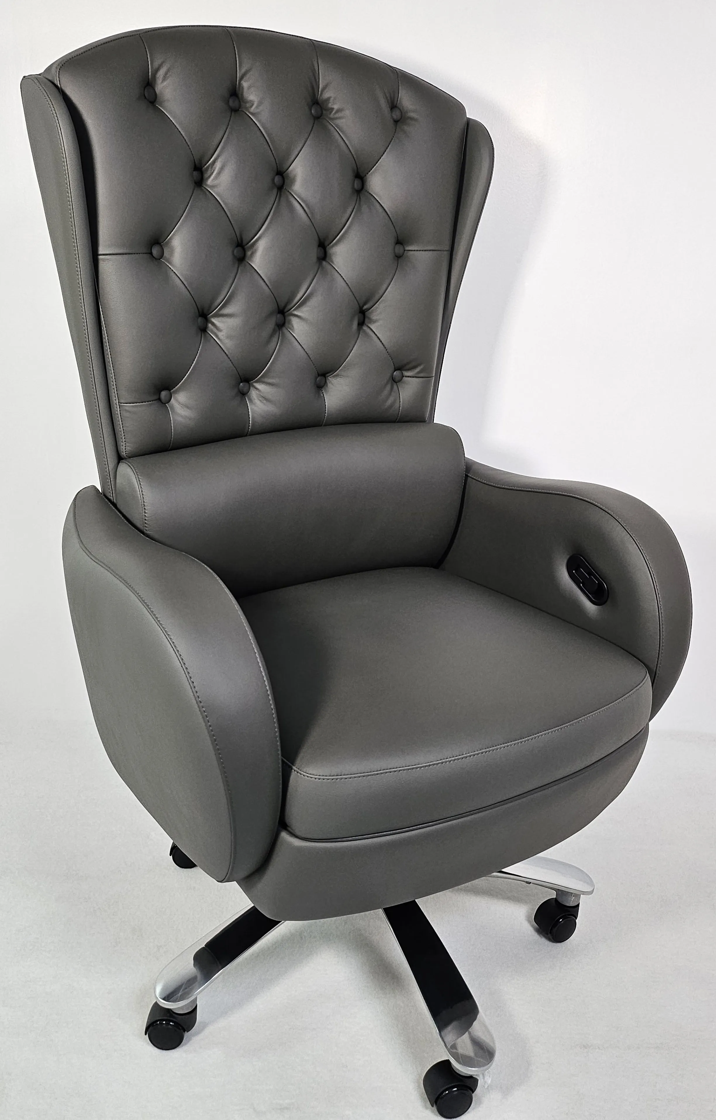 Genuine Grey Leather High Back Executive Office Chair with Chesterfield Design - 6002HL