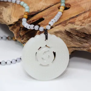 Genuine HeTian White Nephrite Jade Double Dragon Pendant Necklace ( Carved Art & High Quality )