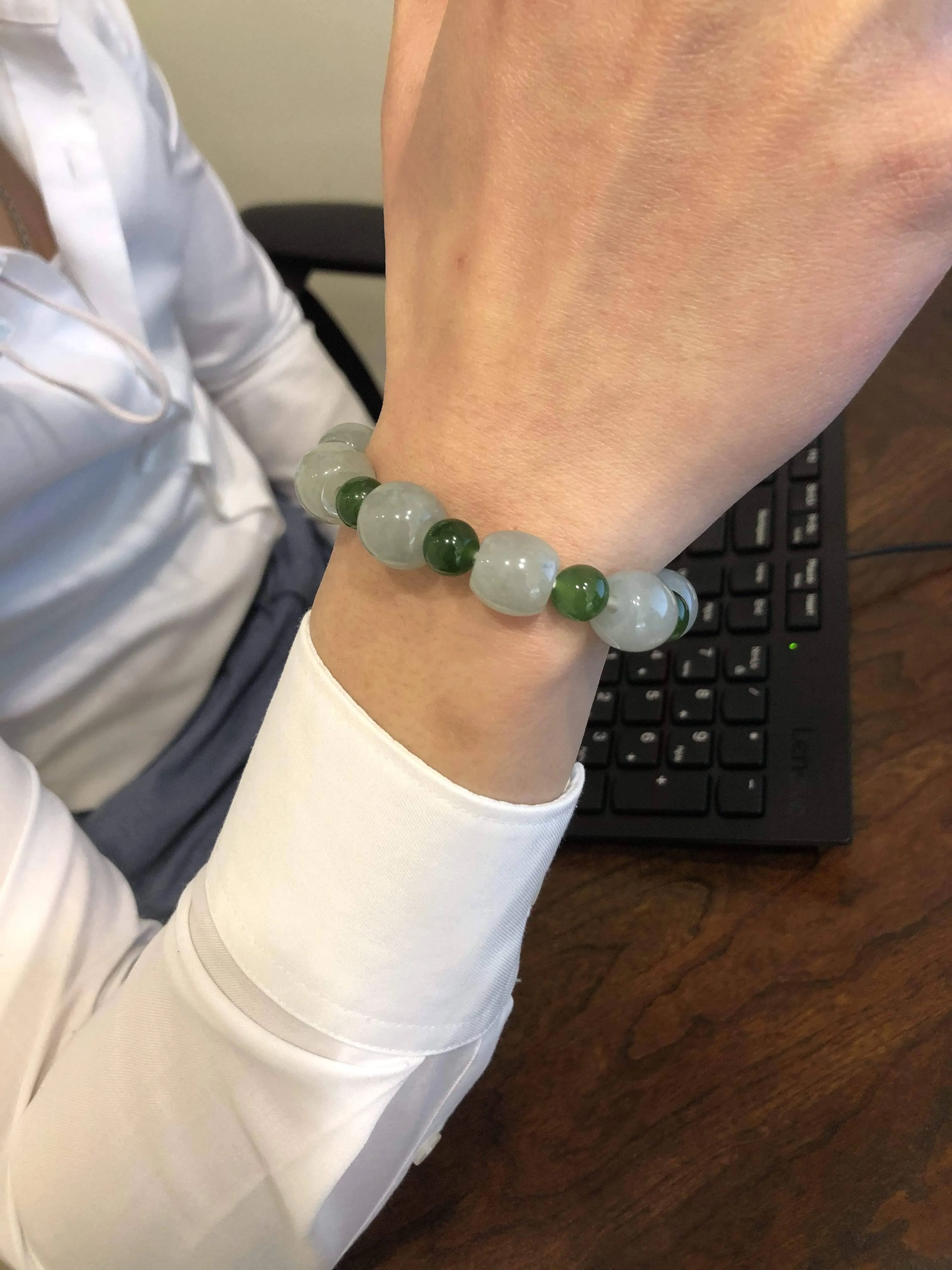 Genuine Ice Jadeite Jade Nuggets Beads Bracelet with Green Jade