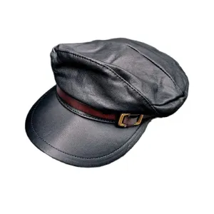 Genuine Leather Fisherman Cap - Motorcycle Military Style Flat Top Hat