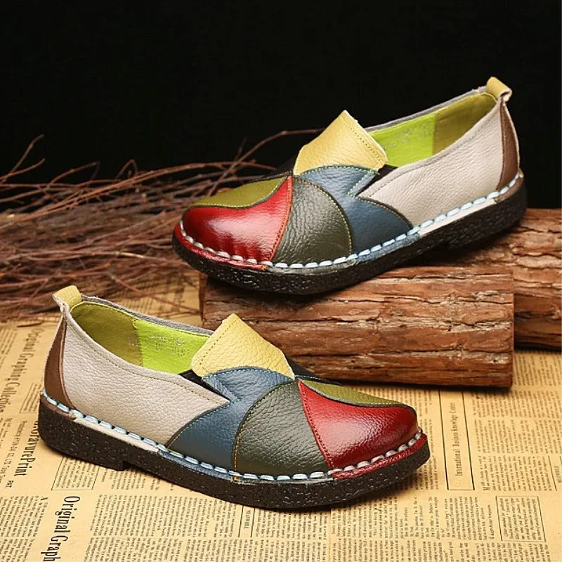 Genuine Leather Multi-color Patches Stitching Moccasin Flat Shoes