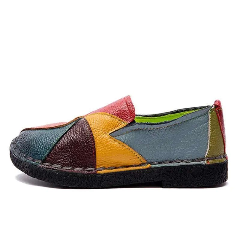 Genuine Leather Multi-color Patches Stitching Moccasin Flat Shoes