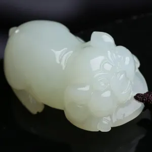 Genuine Nephrite White Jade Lucky Pig Pendant Necklace