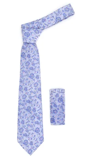 Geometric Baby Blue Necktie w. Outline Grey & Dark Blue Circles w. Hanky Set