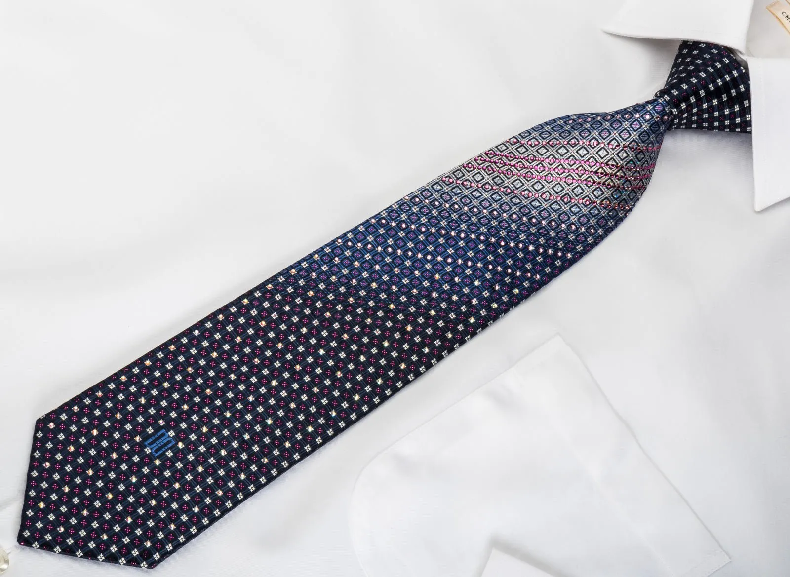 Geometric Checkered On Blue Rhinestone Necktie With Purple Sparkles