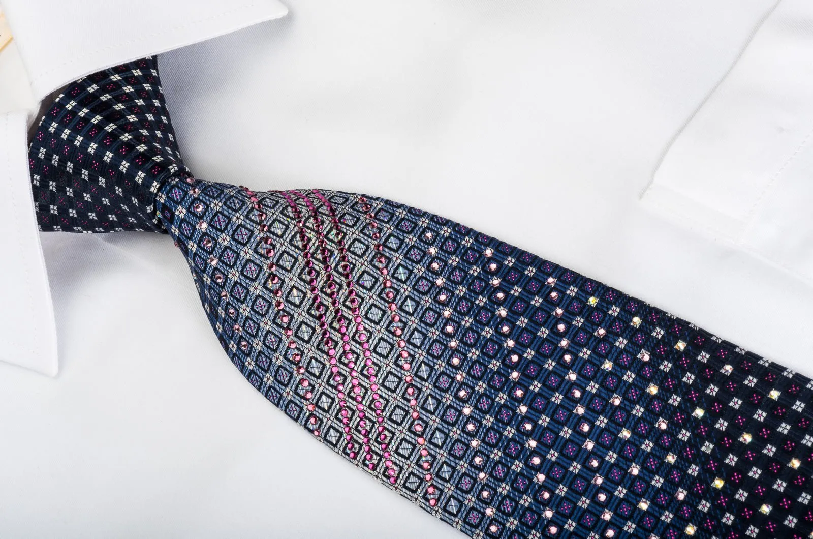 Geometric Checkered On Blue Rhinestone Necktie With Purple Sparkles