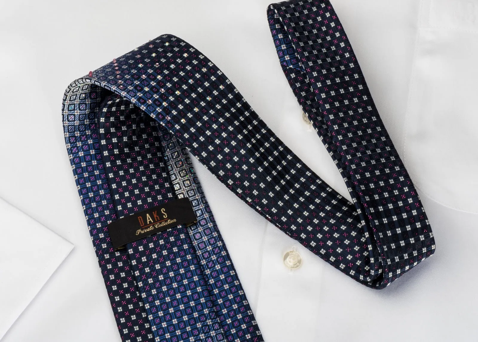 Geometric Checkered On Blue Rhinestone Necktie With Purple Sparkles