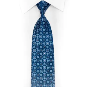 Geometric Floral On Blue Rhinestone Silk Tie With Silver Sparkles